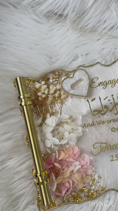 Personalized Engagement Ring Platter with Pink Resin Ring Holders & Floral Design