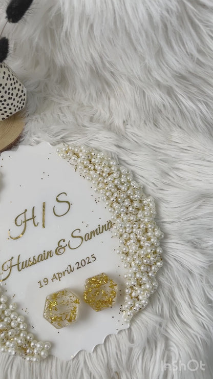 Personalized Pearl & Gold Engagement Ring Platter with Resin Holders