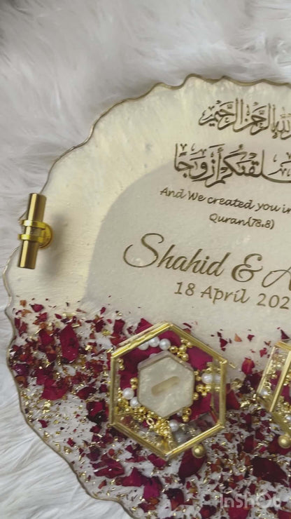 Personalized Resin Wedding Ring Platter with Rose Petals & Golden Hexagon Holders