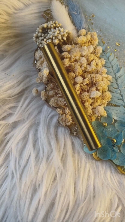 Personalized Resin Wedding Ring Platter with Dried Flowers & Golden Handles