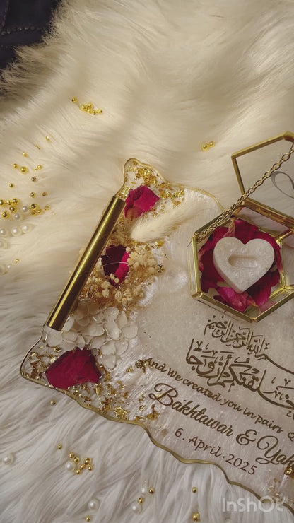 White & Gold Resin Engagement Platter with Double Hexagon Boxes