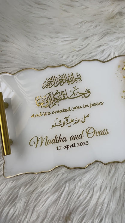 Personalized Rectangular Resin Wedding Ring Platter with Golden Handles & Hexagon Ring Boxes
