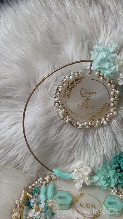 Luxury Personalized Wedding Ring Platter with Floral Hoop & Pearl Detailing